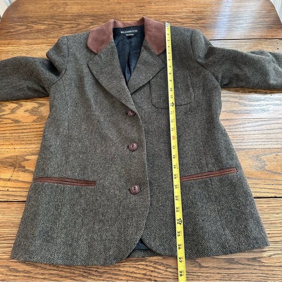 90's vintage Wool Blazer Tweed Brown Leather Trim Riding Jacket Women’s M/L - Picture 11 of 12